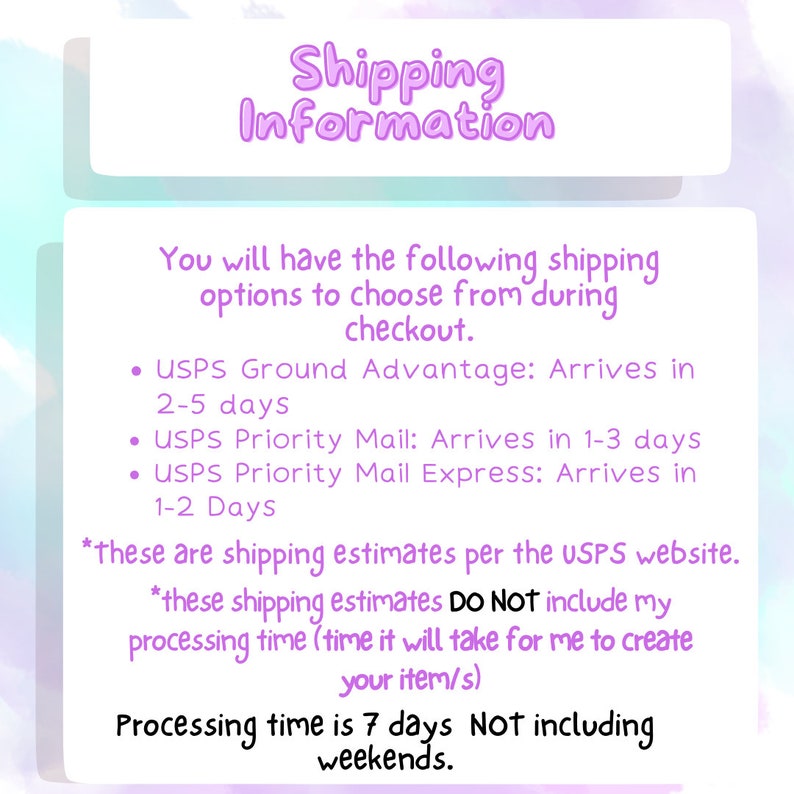 K&ouml;nnte beinhalten: Eine rosa und wei&szlig;e Grafik mit dem Text "Shipping Information" und Details zu Versandoptionen und Bearbeitungszeit. Der Text besagt, dass die Versandsch&auml;tzungen auf der USPS-Website basieren und die Bearbeitungszeit nicht beinhalten. Die Bearbeitungszeit betr&auml;gt 7 Tage, nicht einschlie&szlig;lich Wochenenden.