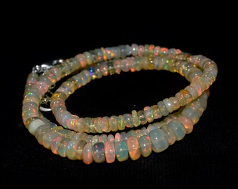 AAA White Ethiopian Opal Rondelle Beads Strand: 50 Ct Welo Fire Gemstone Necklace, 18"