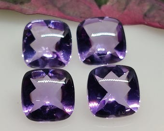 Natural Purple Amethyst Faceted Buff Top Cut Cushion: 4Pcs Lot, AAA Quality, 15.61Cts 10X10mm
