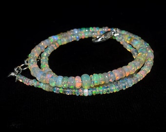 Natural White Ethiopian Opal Rondelle Beads Strand: 34 Ct Welo Fire Gemstone Necklace, 16"