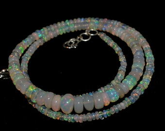 Natural White Ethiopian Opal Rondelle Beads Strand: 42.30 Ct Welo Fire Gemstone Necklace, 18"