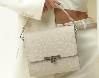 Croc Print Italian Leather Shoulder Bag: Elegant Top Handle Purse