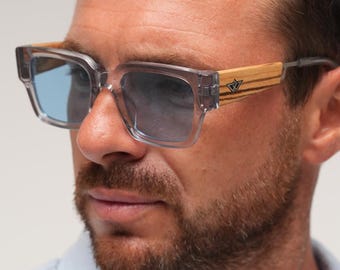 Zebrano Wood Sunglasses for Men, Polarized Blue Lens, Handmade Wooden Eyewear
