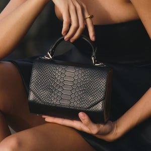 Black Python Leather Top Handle Bag: Italian Leather Mini Purse