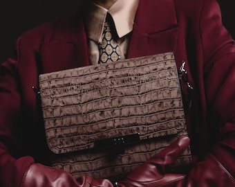 Brown Crocodile Embossed Italian Leather Bag: Handmade Top Handle Purse