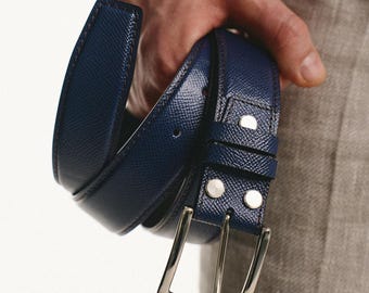 Handmade Blue Leather Belt for Men: Italian Epsom Leather
