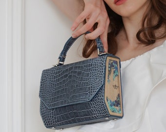 CALF LEATHER BAG, Top Handle Bag, Embossed Handbag, Cute Hand Bag, Eco Friendly Bag With Sodalite And Turquoise Stones, Mothers Day Gift