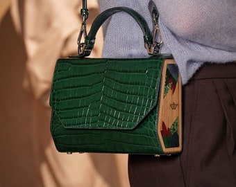 Emerald Green Croco bag  calfskin, wooden sides from Carpathian ash-tree inlaid with leaves of Australian eucalyptus and turquoise malachite