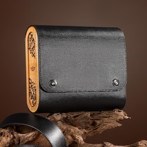 Elegant Leather Bag for Women, Black Crossbody Purse, Minimal Shoulder Bag with Wood Sides, Structured Evening Bag, Genuine Leather Handbag