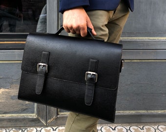 Black Leather Messenger Bag. Leather Briefcase. Men's Briefcase. Laptop Briefcase. Wooden Briefcase Men's. Gift for him. Business briefcase