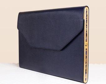 DESIGNER LAPTOP CASE, Cute Macbook Case, Ereader Sleeve, Leather Macbook Case, Вlue Saffiano Macbook Case Decorated With Sodalite