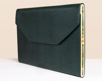 LAPTOP TRAVEL CASE, Green Macbook Case, Designer Laptop Case, Leather Macbook Case, Eco Friendly Macbook Case Decorated With Malachite