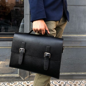 Black Leather Messenger Bag. Leather Briefcase. Men's Briefcase. Laptop Briefcase. Wooden Briefcase Men's. Gift for him. Business briefcase image 1