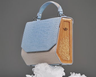 Women's leather designer bag. Light blue beige shoulder bag. Decorative side inserts made of wood and natural flowers. Original gift for her