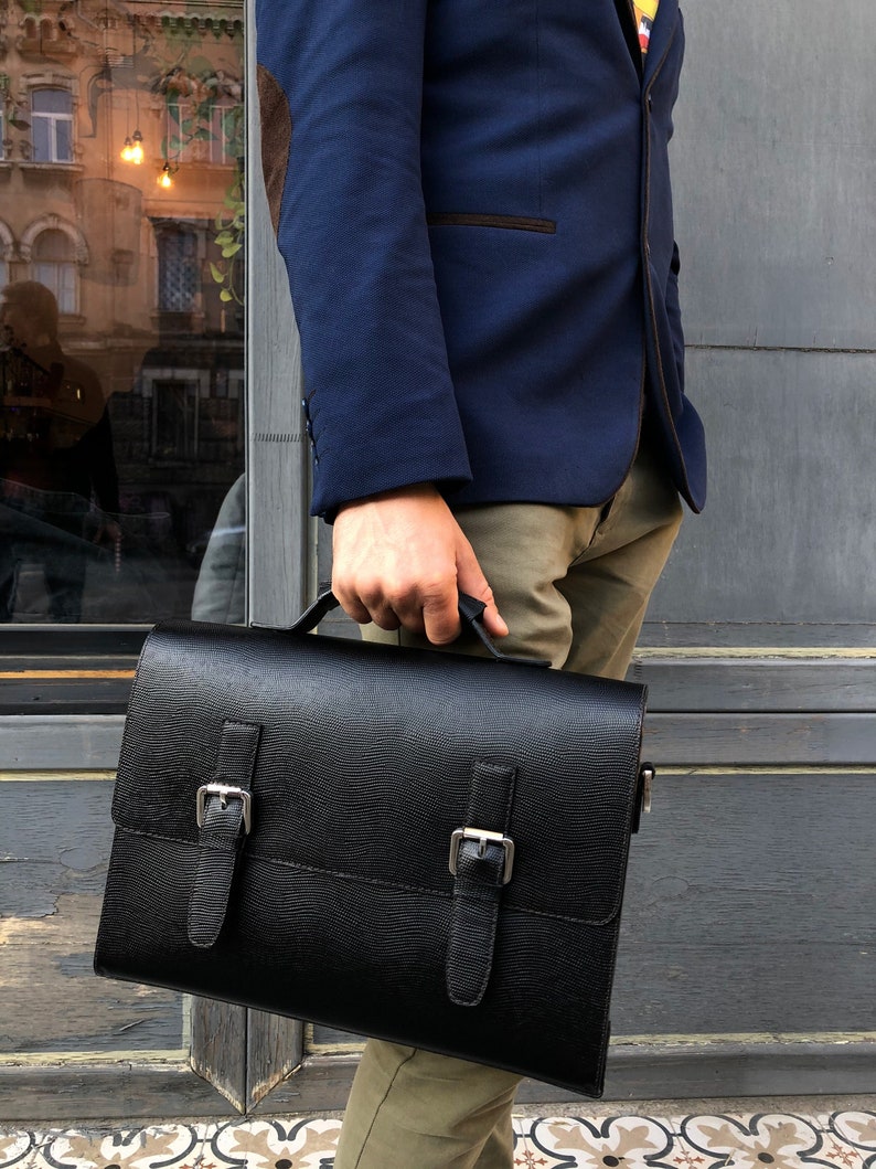 Black Leather Messenger Bag. Leather Briefcase. Men's Briefcase. Laptop Briefcase. Wooden Briefcase Men's. Gift for him. Business briefcase image 1