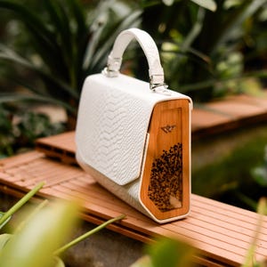 White Leather Top Handle Handbag with Wooden Sides, Classic Crossbody Bag, Mini Option