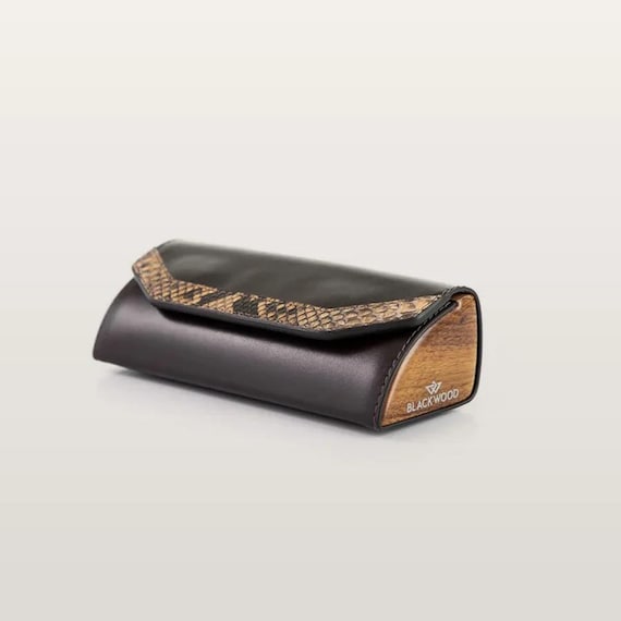 Leather & Wood Glasses Case with Genuine Python Trim — Brown Smooth or Indian Tiger Python