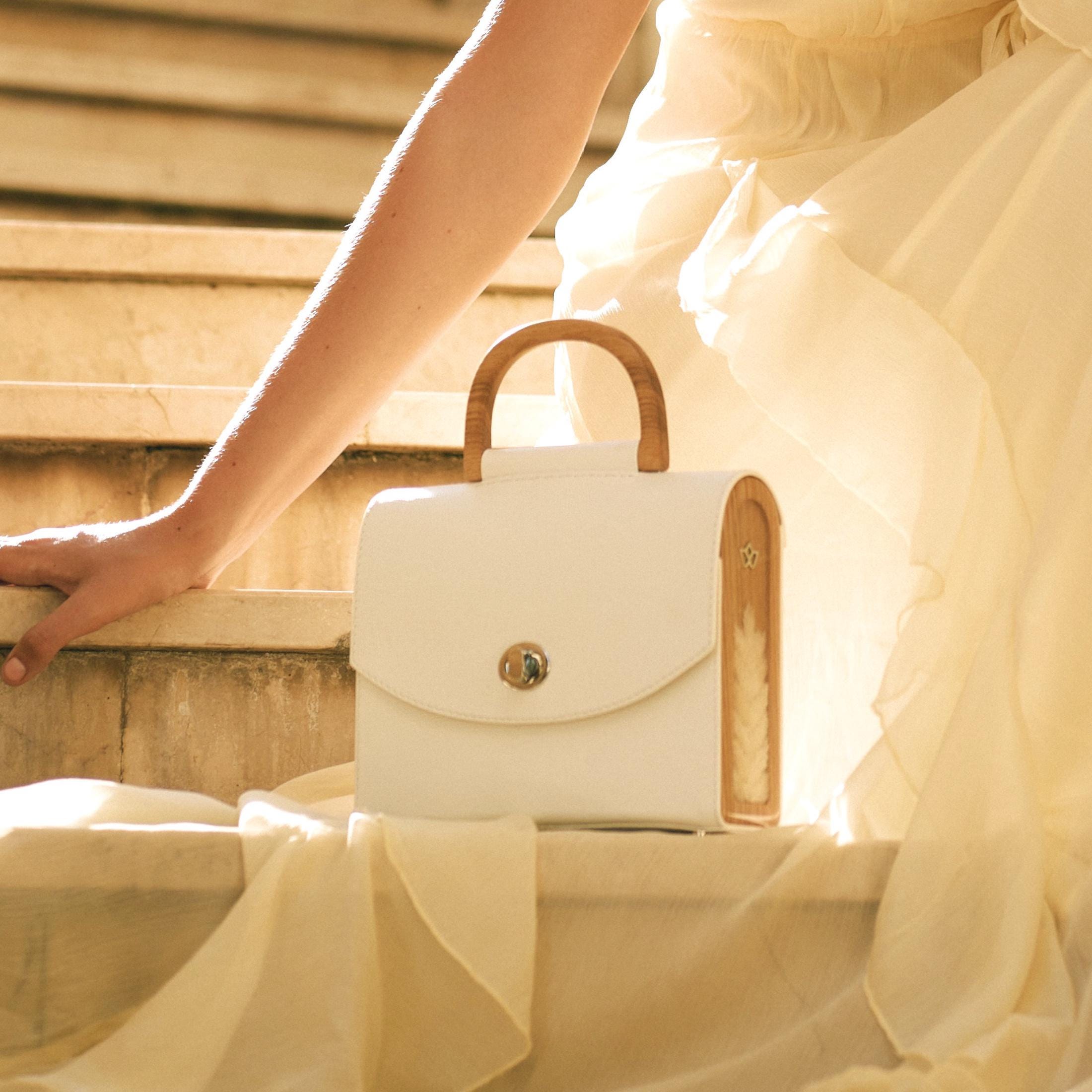 White Leather Top Handle Bag With Wooden Handle, Mini & Classic