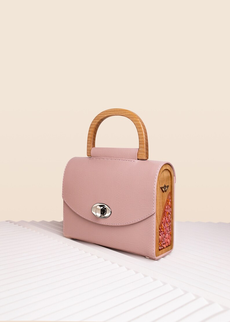 Mini Crossbody Bag with wooden sides, Shoulder Genuine Leather Bag, Rose Top Handle Saffiano Leather Bag with Wood and Dry Flowers image 2