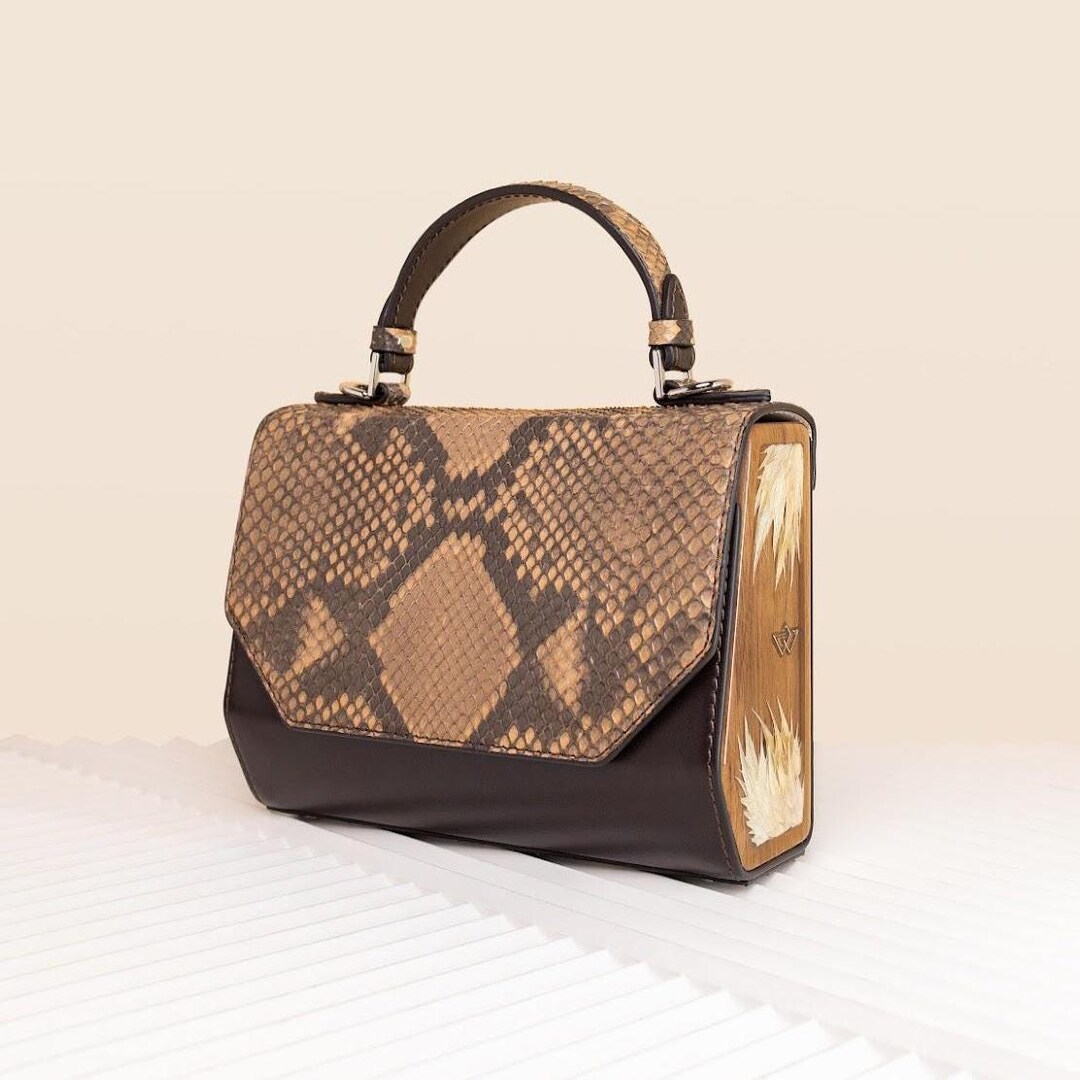 Handmade Python Leather Shoulder Bag: Walnut Wood & Floral Resin - Etsy