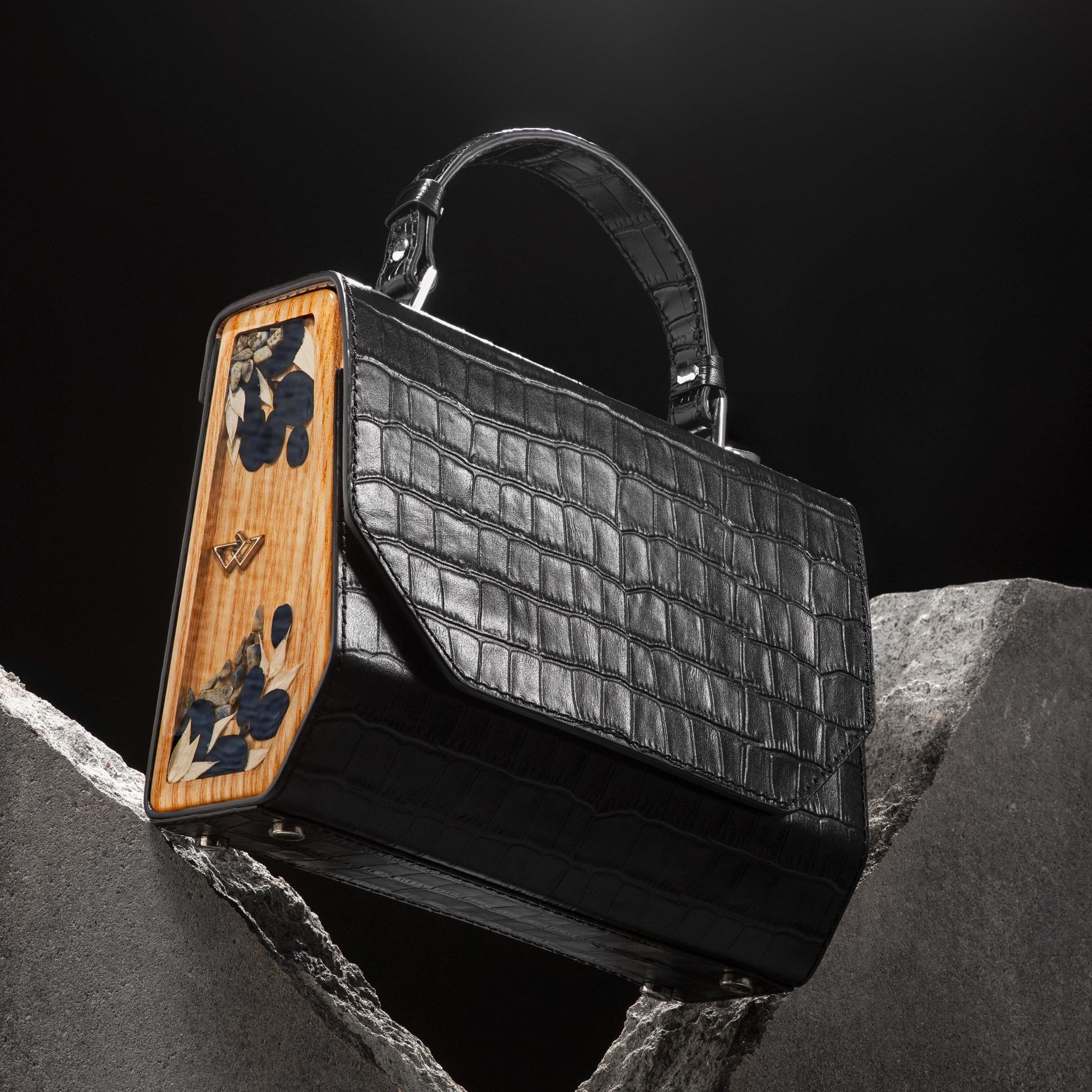 Black Croc Leather Shoulder Bag: Handmade Structured Crossbody 