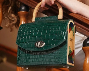 BRIDESMAIDS BAG, AESTHETIC Hand Bag, Real Leather Bag, Luxury Hand Bag, Calfskin Bag Emerald Green Croco Wooden Sides Bag