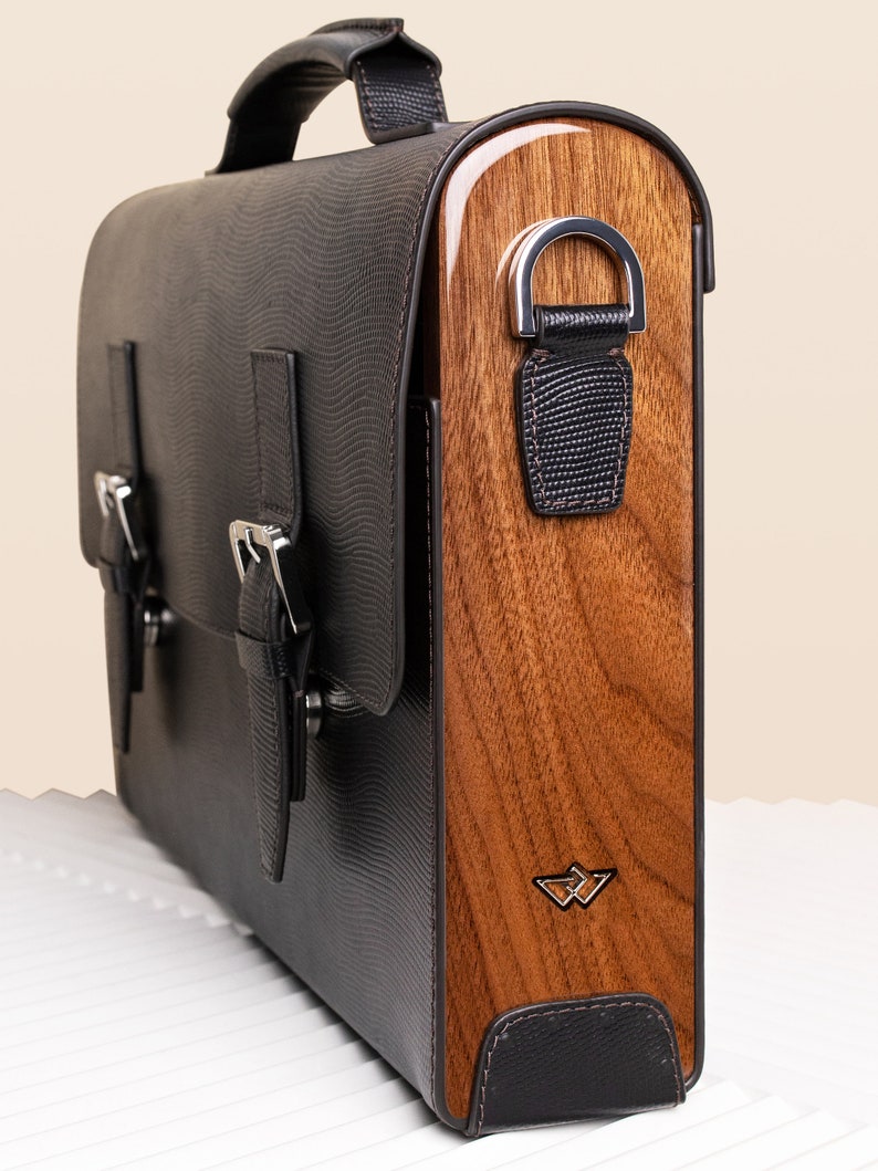 Black Leather Messenger Bag. Leather Briefcase. Men's Briefcase. Laptop Briefcase. Wooden Briefcase Men's. Gift for him. Business briefcase image 4