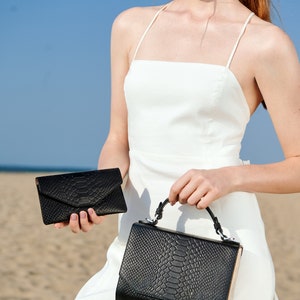 Shoulder Cross Body Purse/ Black Genuine Leather Designer Handbag/ Italian leather bag/ Top Handle Wooden Bag/ Unique Gift for Woman image 3
