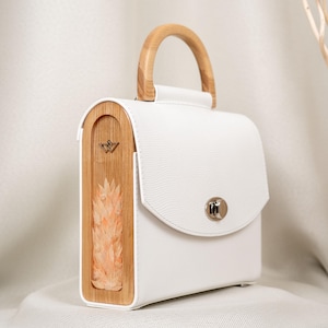 Wedding Handbag for Women, White Leather Bride Handbag, Elegant Wooden Handle Bag, Small Shoulder Purse, Formal Leather Bag, Wedding Gift