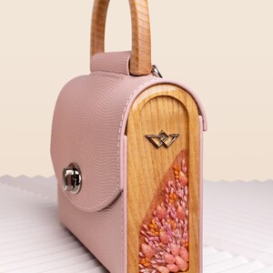 Mini Crossbody Bag with wooden sides, Shoulder Genuine Leather Bag, Rose Top Handle Saffiano Leather Bag with Wood and Dry Flowers image 3