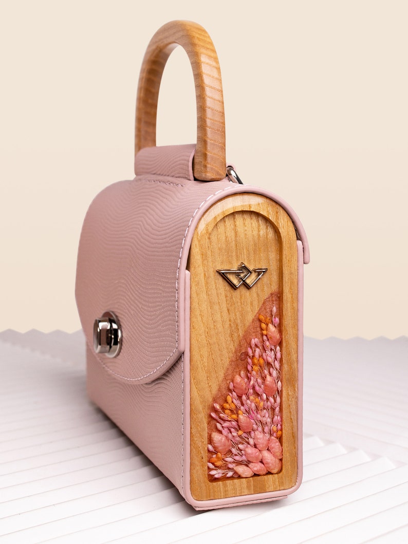 Mini Crossbody Bag with wooden sides, Shoulder Genuine Leather Bag, Rose Top Handle Saffiano Leather Bag with Wood and Dry Flowers image 3