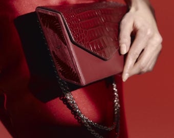 Handmade Leather Clutch: Ash Wood Accent & Silver Chain Evening Bag