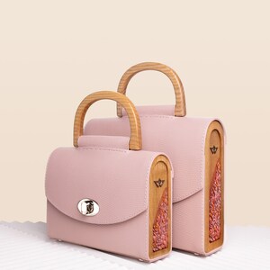 Mini Crossbody Bag with wooden sides, Shoulder Genuine Leather Bag, Rose Top Handle Saffiano Leather Bag with Wood and Dry Flowers image 10