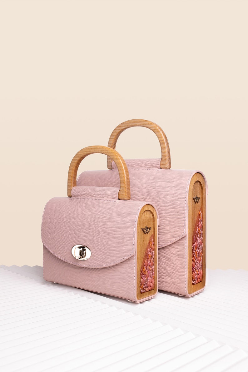 Mini Crossbody Bag with wooden sides, Shoulder Genuine Leather Bag, Rose Top Handle Saffiano Leather Bag with Wood and Dry Flowers image 10