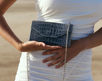 Croc Leather Clutch Bag – Minimal Evening Purse – Luxury Handmade Women’s Clutch – Gift Ready