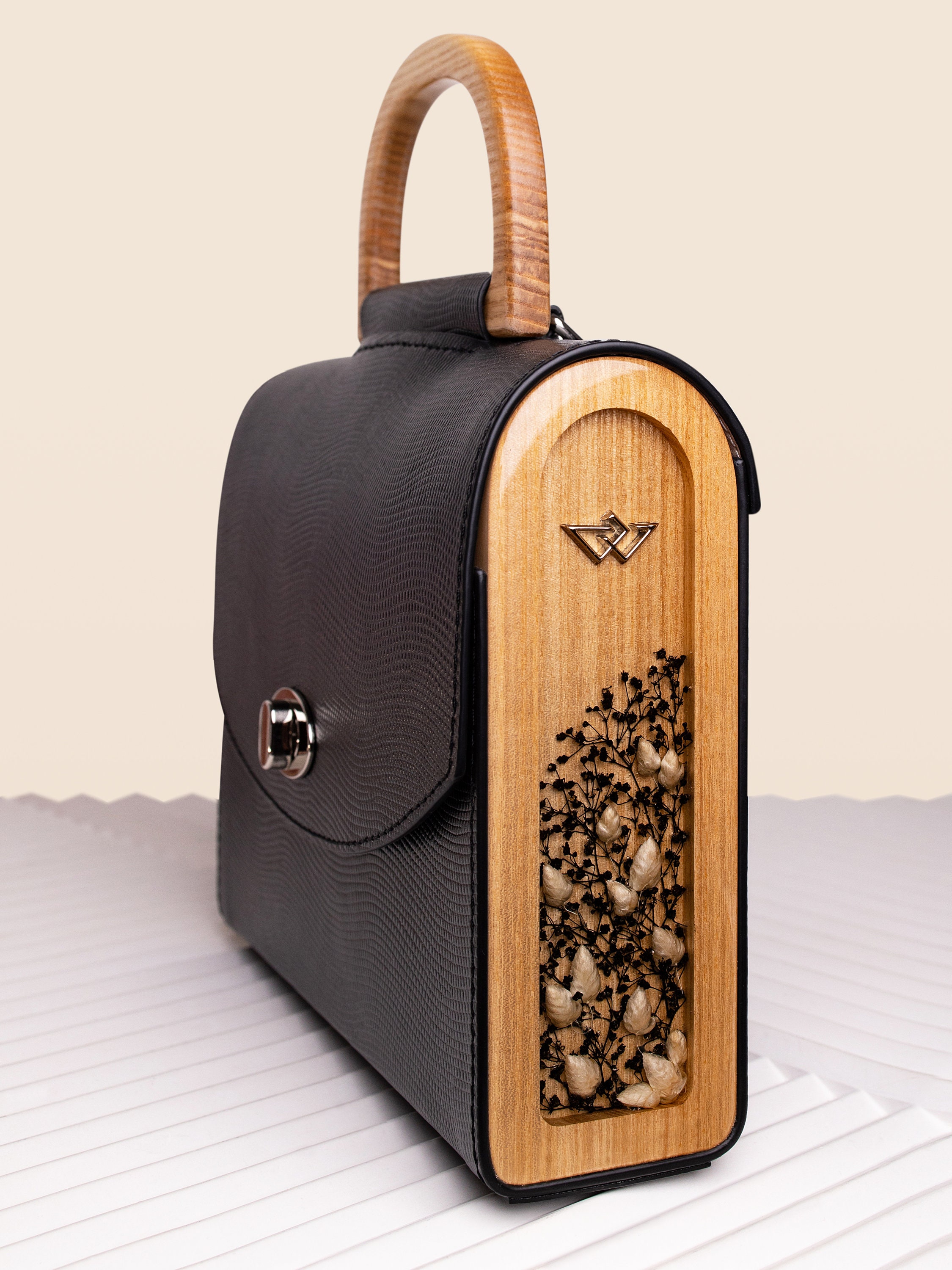 Top Handle Bag Multiple Carrying Options. Timeless Black Bag. Wooden Accents on the Sides. Elegant Handbag With Natural Dried Flowers Etsy
