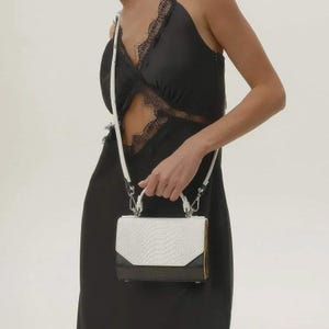 Black and White Mini Leather Handbag, Top Handle Crossbody with Wooden Sides, Classic Option