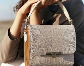 Beige Crocodile Leather Crossbody Bag: Handmade Italian Designer Handbag