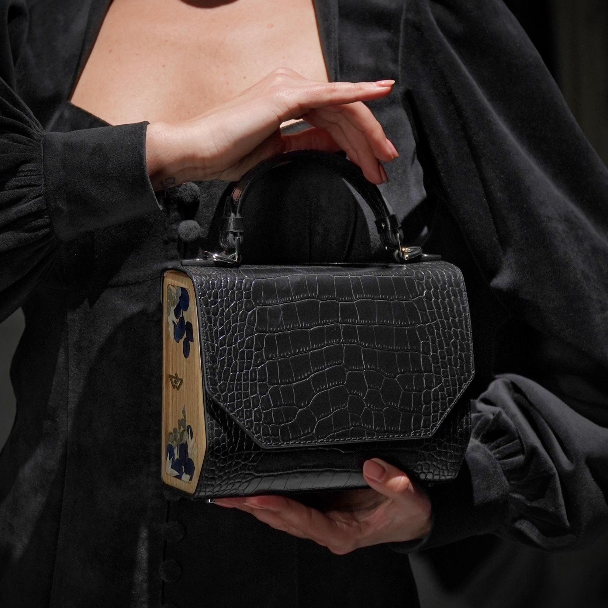 Black Croc Leather Shoulder Bag: Handmade Structured Crossbody 