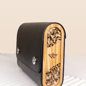 Fashion Crossbody Black Bag, Italian Genuine Leather Woman Bag, Handmade Bag with Wood Natural Dried Flowers and Jewelry Resin, Gift for Her image 4