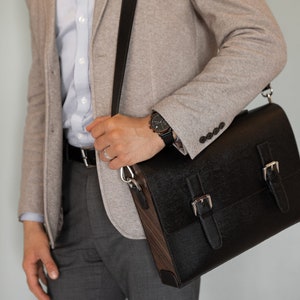 Black Leather Messenger Bag. Leather Briefcase. Men's Briefcase. Laptop Briefcase. Wooden Briefcase Men's. Gift for him. Business briefcase image 2