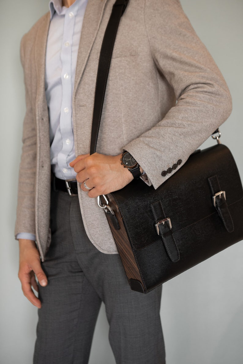 Black Leather Messenger Bag. Leather Briefcase. Men's Briefcase. Laptop Briefcase. Wooden Briefcase Men's. Gift for him. Business briefcase image 2