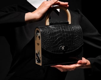 BLACK LEATHER BAG, Crocodile Hand Bag, Luxury Hand Bag, Eco Friendly Bag, Embossed Leather Bridesmaids Handbag, Designer Bag