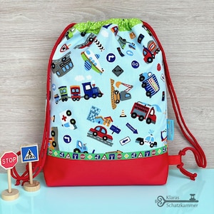 Gym bag vehicles / gym bag with name / personalized fabric bag / kindergarten backpack / sports bag for children / red