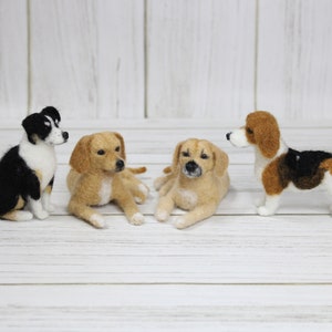 K&ouml;nnte beinhalten: Vier Nadelfilz-Hundefiguren. Ein schwarz-wei&szlig;er Hund sitzt links, ein hellbrauner Hund liegt links, ein hellbrauner Hund liegt rechts und ein braun-schwarz-wei&szlig;er Hund steht rechts.