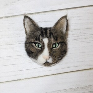 Puede incluir: Una cabeza de gato de fieltro con pelo marr&oacute;n y blanco y ojos verdes. El gato est&aacute; mirando directamente a la c&aacute;mara.