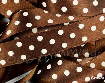 Brown Polka Dot Satin Ribbon Berisfords Widths 15mm & 25mm Various Lengths