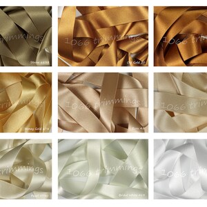 May include: A collection of 10 different colors of satin ribbon, including straw, honey gold, old gold, cream, pearl, bridal white, and ivory. The ribbon is 1 inch wide and is perfect for crafting, decorating, and gift wrapping.