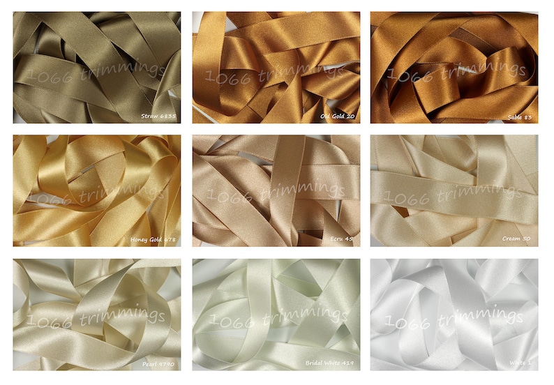 May include: A collection of 10 different colors of satin ribbon, including straw, honey gold, old gold, cream, pearl, bridal white, and ivory. The ribbon is 1 inch wide and is perfect for crafting, decorating, and gift wrapping.