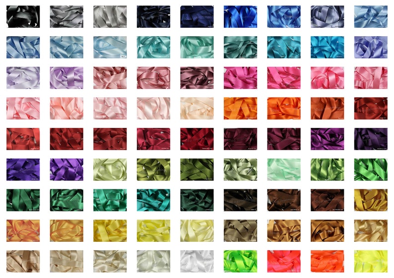 May include: A collection of 48 spools of satin ribbon in various colors, including black, white, red, blue, green, yellow, orange, purple, pink, and brown.